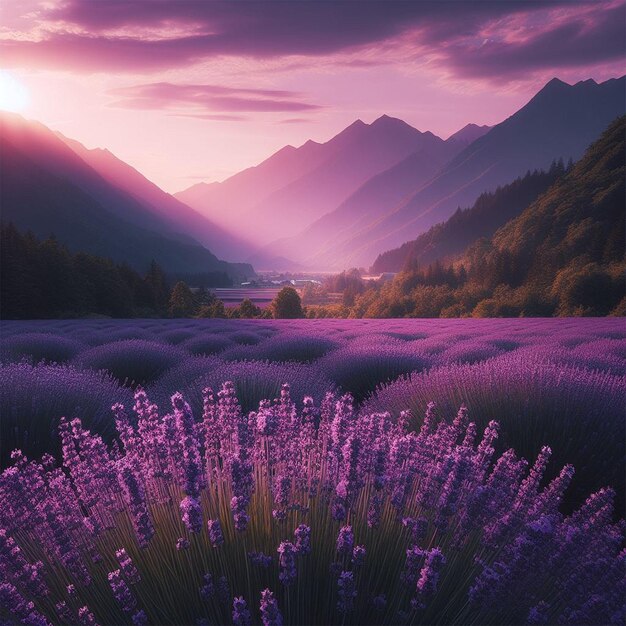 A purple field of lavender flowers with mountains in the background