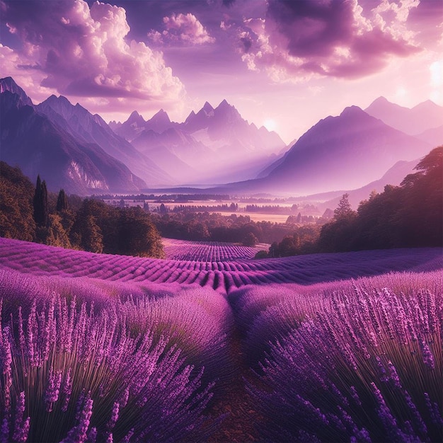 A purple field of lavender flowers with mountains in the background