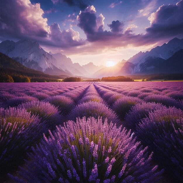 A purple field of lavender flowers with mountains in the background