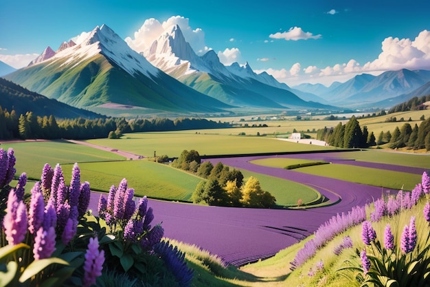 A purple field of lavender in the mountains