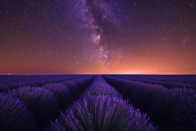 a purple field of lavender with the stars in the sky