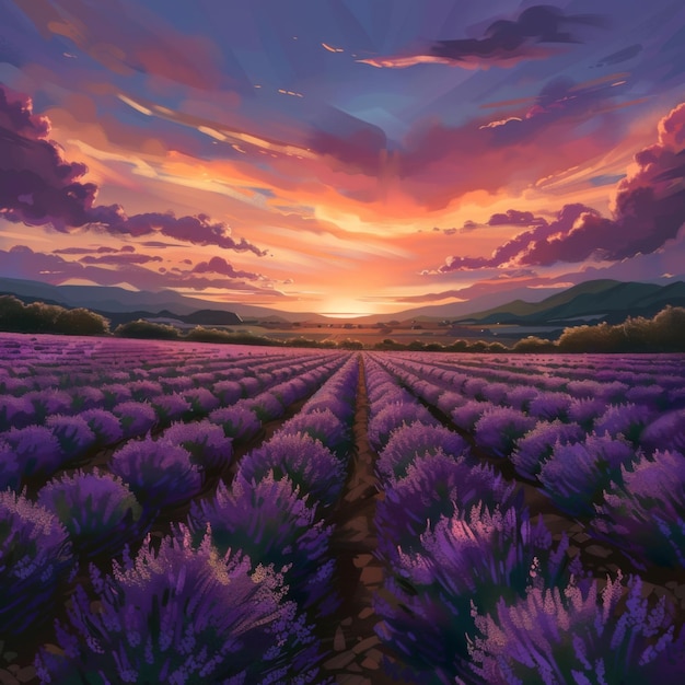 a purple field of lavender with a sunset in the background