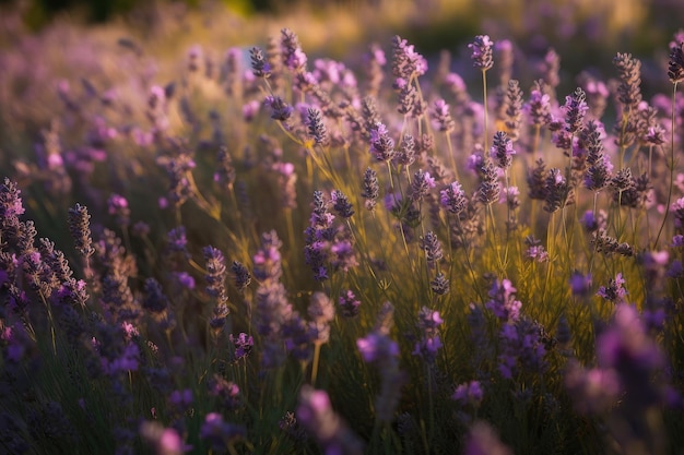 Purple field of lavenders exuding oil and life Dancing bees generative IA