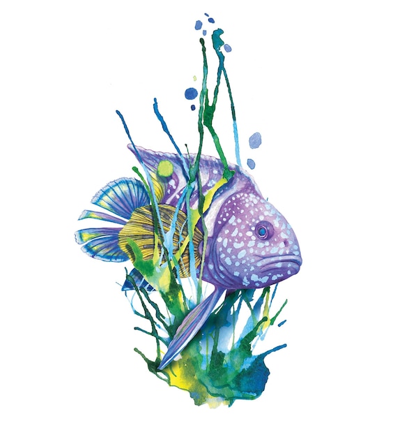 Purple fish in seaweed watercolor illustration on paper