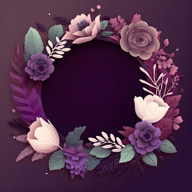 A purple floral frame with flowers and leaves on a purple background.