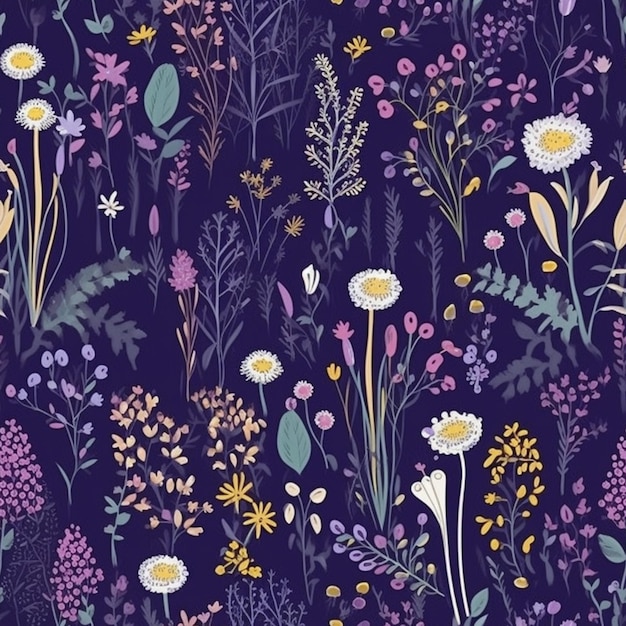 A purple floral pattern with different flowers on a dark background.