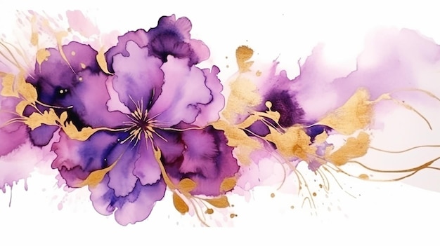 Purple floral wedding golden alcohol ink on white isolated Generative AI