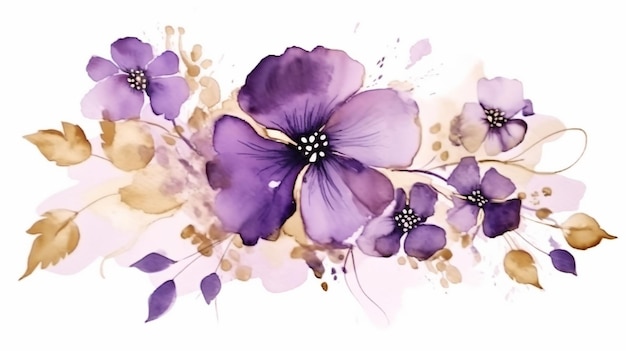 Purple floral wedding golden alcohol ink on white isolated Generative AI