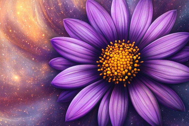 Purple flower 3D against a backdrop of swirling cosmic dust