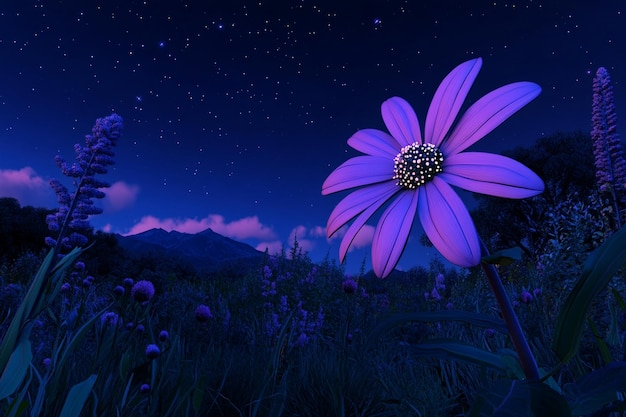 Purple flower 3D in a serene starfilled sky