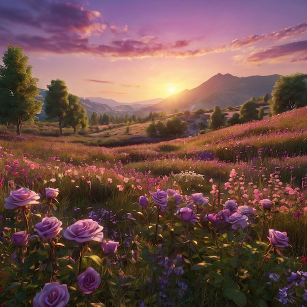 a purple flower field with mountains in the background