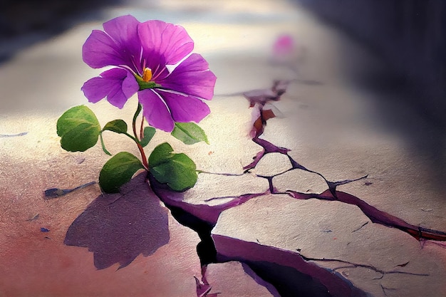 A purple flower grows through a gap in the concrete Generative Ai