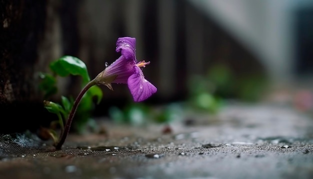 A purple flower is growing in the rain