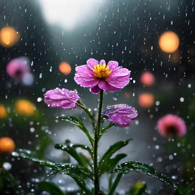 a purple flower in the rain with rain drops on it