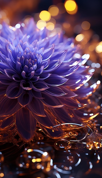 purple flower on a table with water and gold lights generative ai