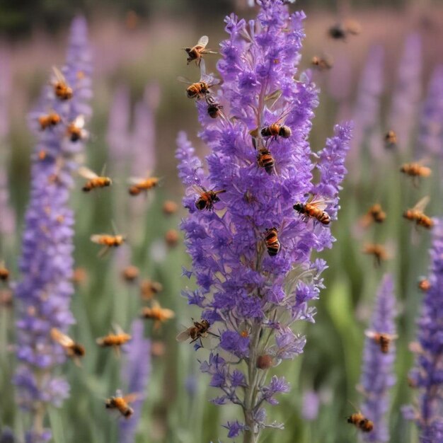 a purple flower with bees flying around it and bees flying around it