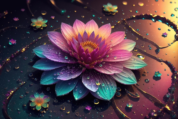 A purple flower with a green center sits on a wet surface.