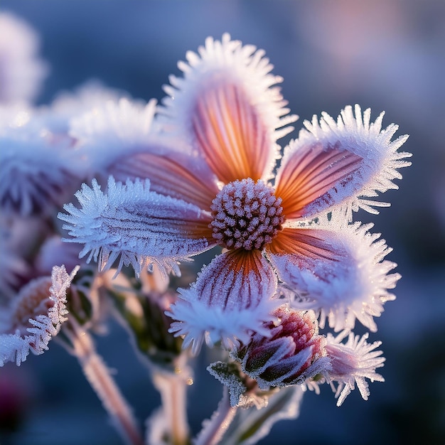 a purple flower with ice on it and the purple flower in the background