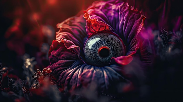 A purple flower with a large eye on it