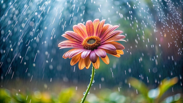 a purple flower with purple petals is in the rain