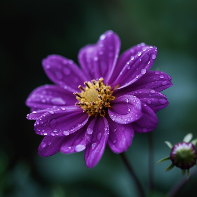 A purple flower with rain drops on it