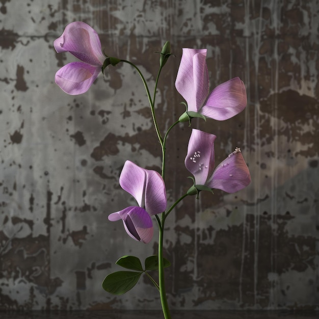 A purple flower with a stem is in the foreground of a grey background