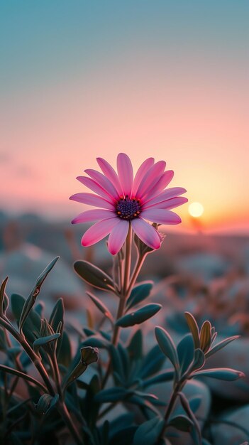 Photo a purple flower with the sun setting behind it