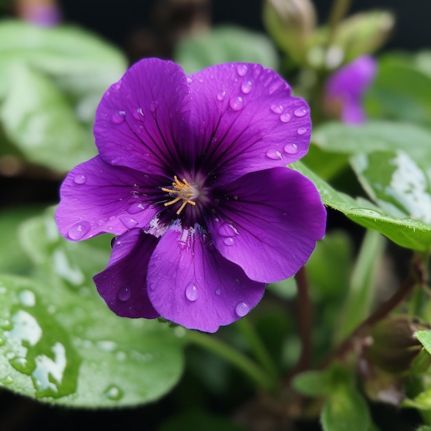 A purple flower with water droplets on it