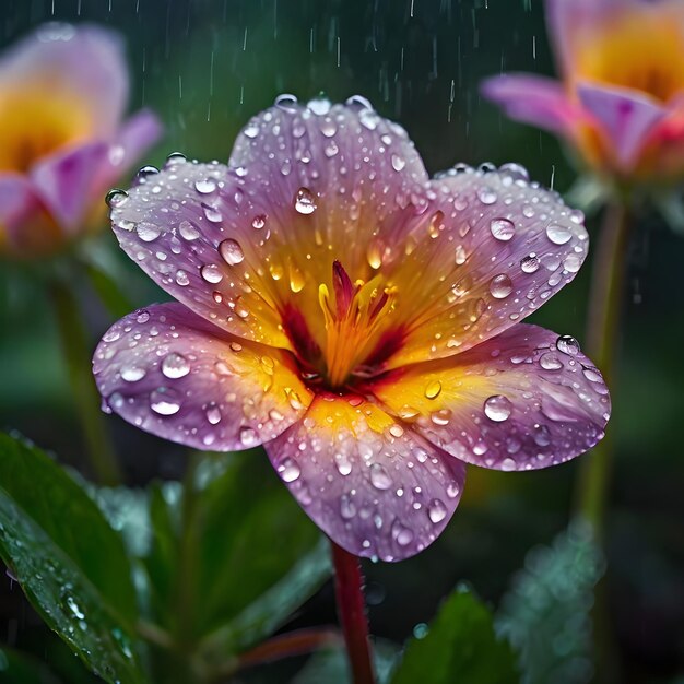 Photo a purple flower with water drops on it and the rain drops on it