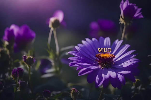 A purple flower with the word wild in the background