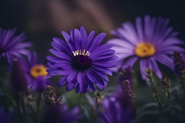 A purple flower with the word wild in the background