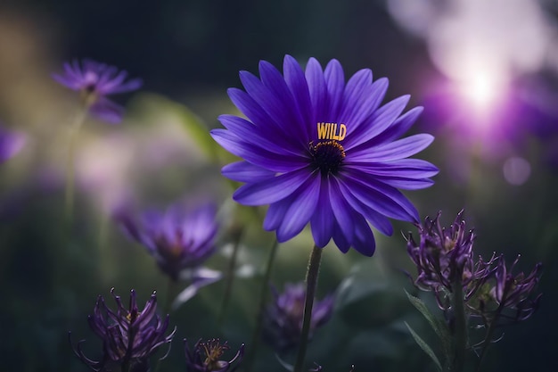 A purple flower with the word wild in the background