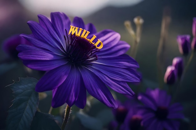 A purple flower with the word wild in the background