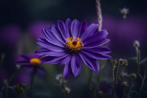 A purple flower with the word wild in the background