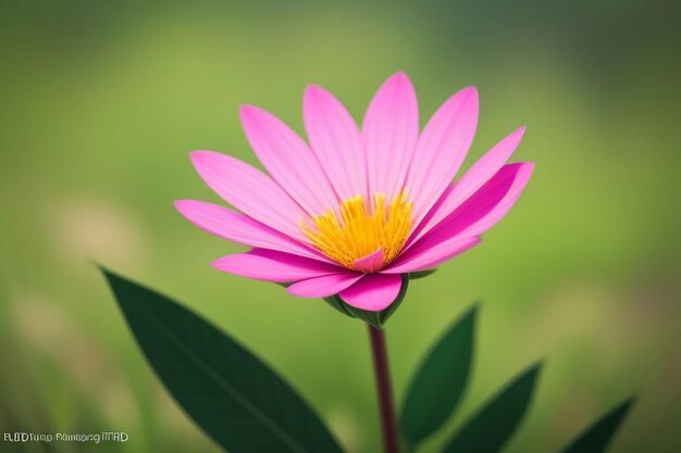 a purple flower with yellow center and a green background