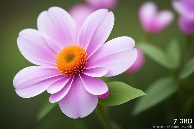 a purple flower with yellow center and orange center