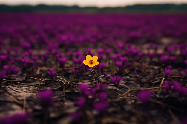 Photo a purple flower with yellow center sits in a field of purple flowers