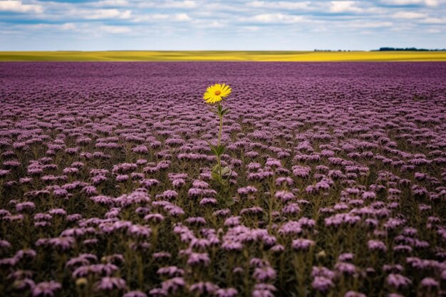 Photo a purple flower with yellow center sits in a field of purple flowers