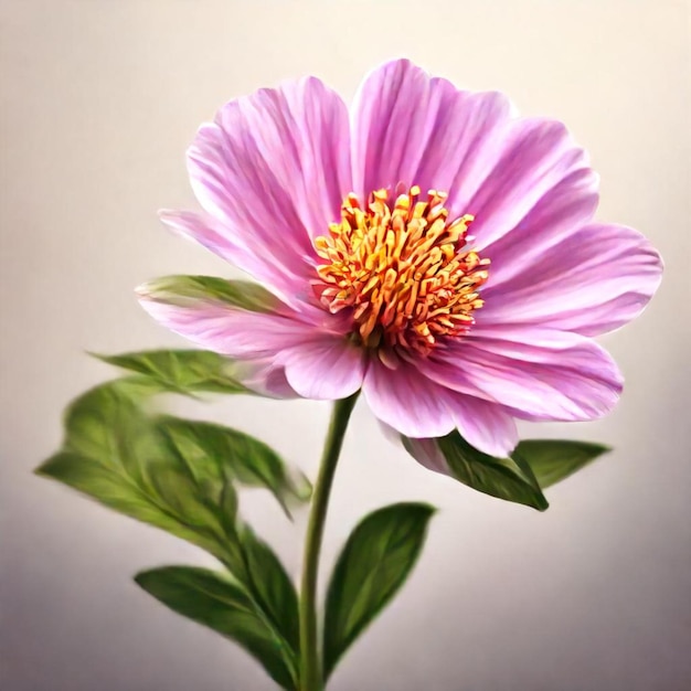 a purple flower with yellow center sits on a gray background