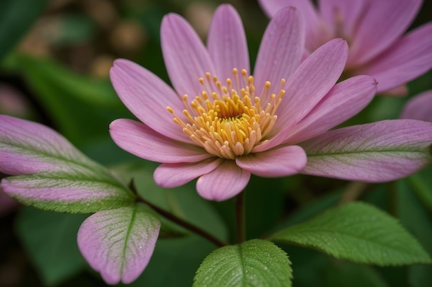 a purple flower with yellow stamens and the yellow center