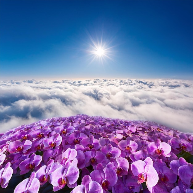 Photo purple flowers are in the foreground and the sun is shining through the clouds