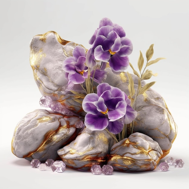 Photo purple flowers are sitting on a pile of rocks with crystals generative ai