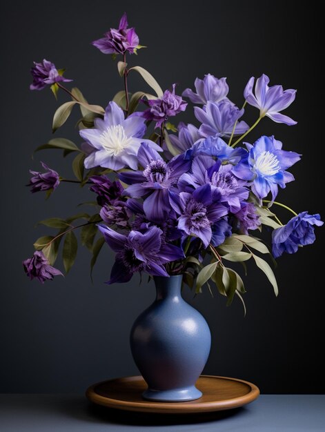 purple flowers in a blue vase on a wooden plate generative ai