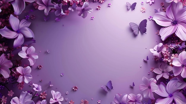 Purple flowers and butterflies fill the background