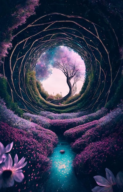 Purple flowers in a circular shaped hole with tree the middle generative ai