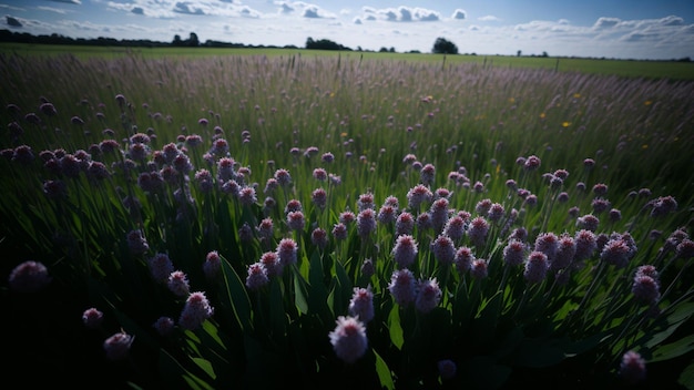 Purple flowers in the field in the evening light Spring landscape