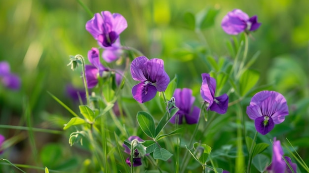 purple flowers in a field of grass and a blurry background