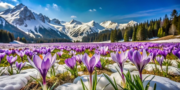 Photo purple flowers in a field of purple flowers with mountains in the background