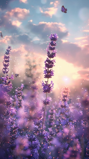 Photo purple flowers in a field with a butterfly flying over them generative ai