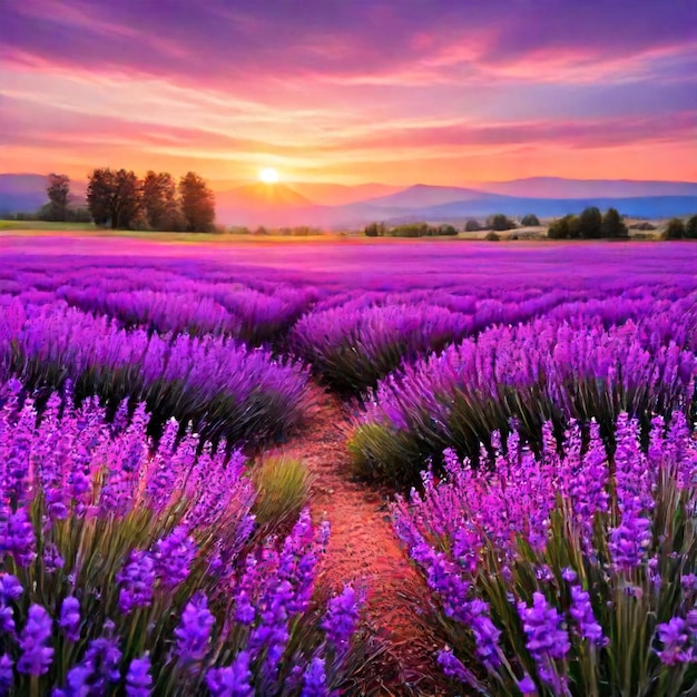 purple flowers in a field with mountains in the background